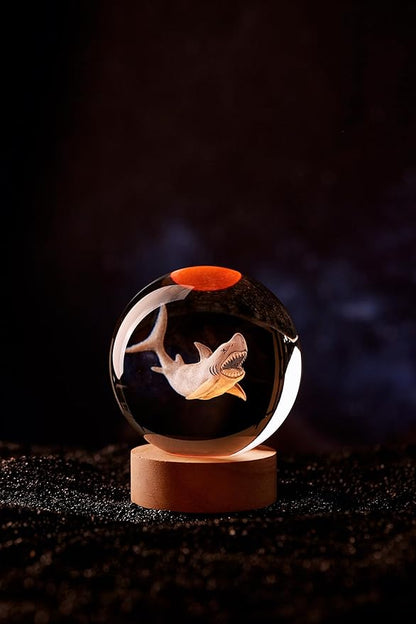 Large Shark Crystal Ball Night Light with Woodern Base, 3D Crystal Lamp 16 Color Changing with Remote Control, Laser Engraved Glass Ball Lamp, Room Decor (Shark)