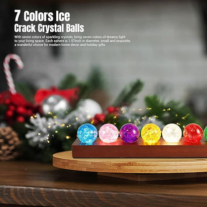 LOSCHEN 7 Colors Ice Cracked Balls, Core Memories Crystal Balls with LED Sapele Wood Base, Natural Healing Spheres Set for Home Living Room Meditation Positive Energy Decoration Balls