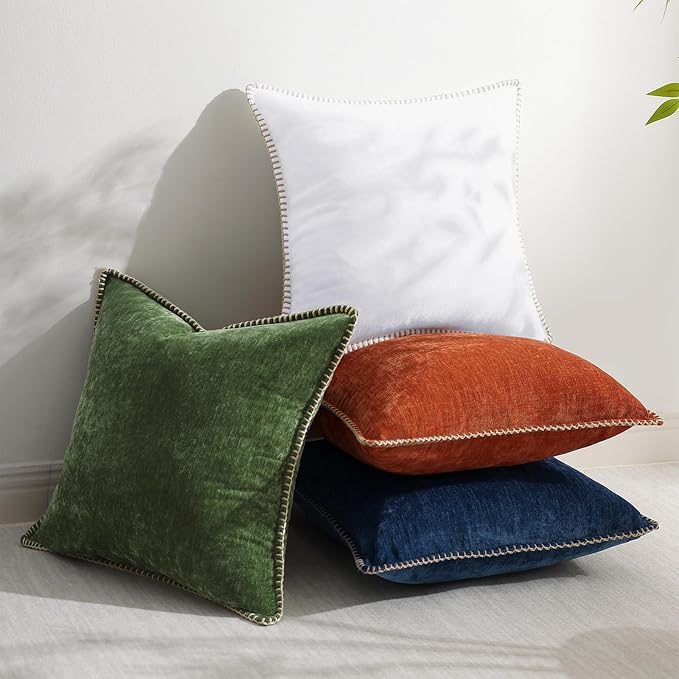 decorUhome Spring Chenille Soft Throw Pillow Covers 18x18 Set of 2, Farmhouse Velvet Neutral Decorative Pillow Covers with Stitched Edge for Couch Sofa Bed Home Decor, White