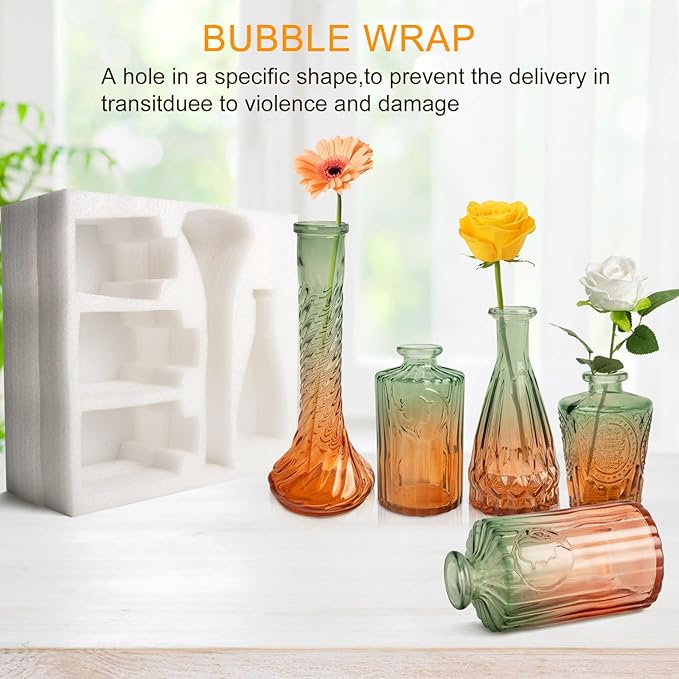 Vintage Glass Bud Vases, Set of 5 – Gradient Green Small Flower Vases for Wedding, Party, and Home Decoration