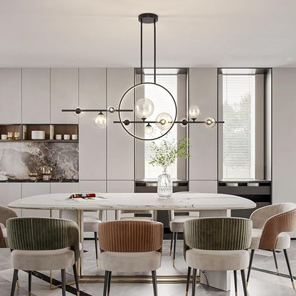10 Lights Modern Pendant Light Fixtures, 54" Black Dimmable Mid-Century Dining Room Large Bubble Chandeliers, Linear Kitchen Island Lights with Spherical Clear Glass Shade for bar, Cafe