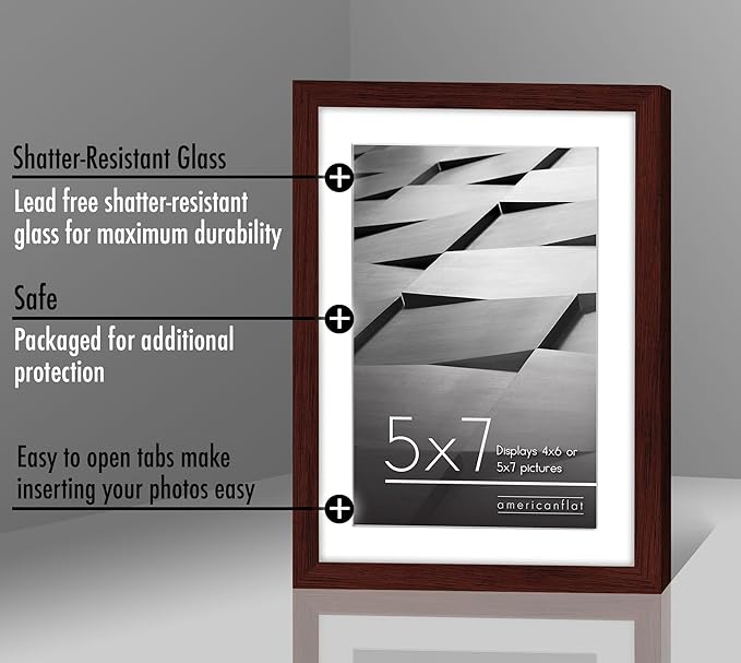 Americanflat 5x7 Picture Frame with Shatter-Resistant Glass - Streamline Collection - Thin Border Photo Frame for Tabletop and Wall Display - Hanging Hardware and Easel Stand Included - Mahogany