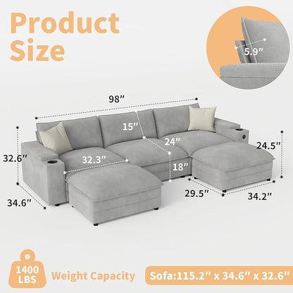 115" U Shaped Cloud Sofa Couch with Ottoman, Storage Armrest, Cup Holders, USB & Type-C Ports, Spring Cushions, Solid Wood Frame, Chenille Modular Sectional for Living Room (Light gray-U-115.2")