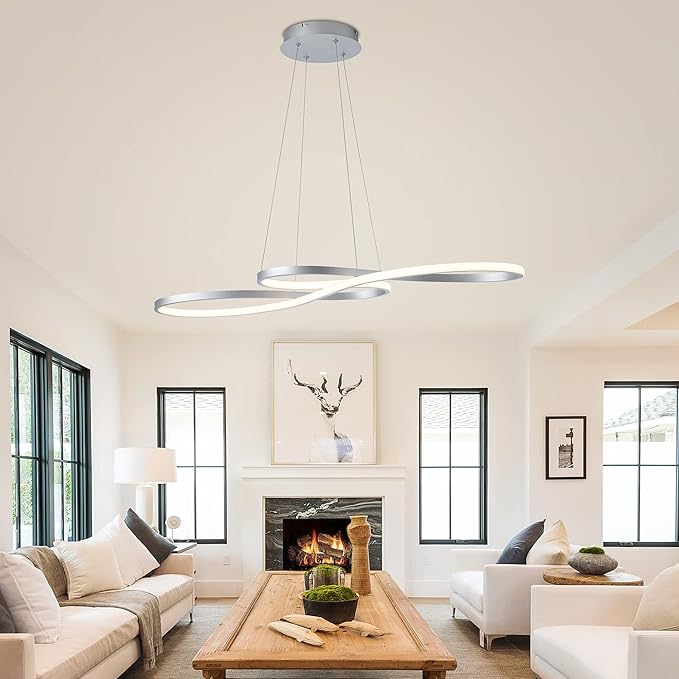 Modern LED Chandelier Dining Room Pendant Light Dimmable Creative Chandelier Remote Control Color/Brightness 3000-6000K Adjustable Hanging Lamp for Bedroom Living Room Kitchen 50W (Silver)