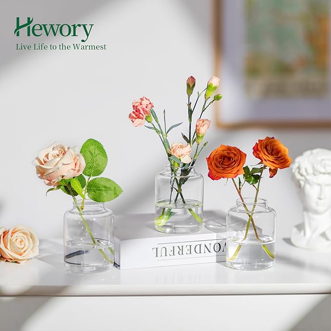 Hewory Mini Bud Vases Set of 6: Small Glass Vases for Flowers, Modern Clear Bud Vase Bulk for Wedding Centerpieces Baby Shower Parties Rehearsal Dinner Table Decorations