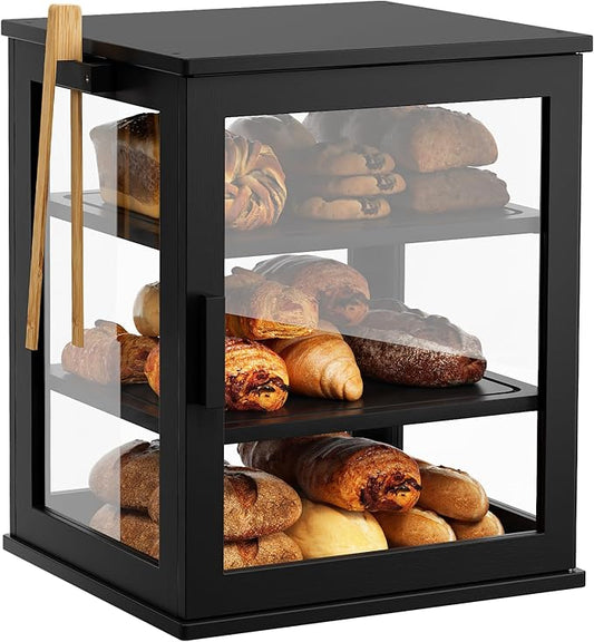 WOWLIVE Black Bread Box for Kitchen Countertop, Large 3 Layers Bread Storage Container for Homemade Bread with Window, Farmhouse Breadbox Organizer for Kitchen, Cabinet, Pantry (Black, Extra Large)