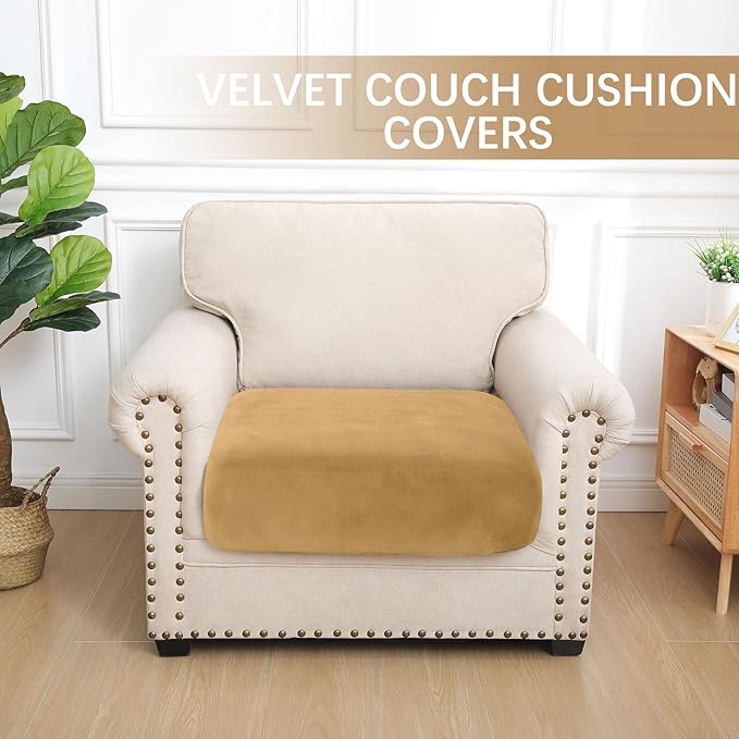 hyha Velvet Couch Cushion Covers, Soft Sofa Seat Covers for sectional Cushion Couch Washable, Magic Sofa Slipcover with Elastic Bottom, Non-Slip Furniture Protector for Pets, Kid(Small, Camel)
