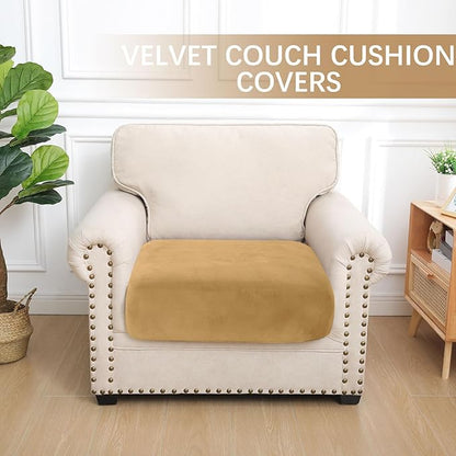 hyha Velvet Couch Cushion Covers, Soft Sofa Seat Covers for sectional Cushion Couch Washable, Magic Sofa Slipcover with Elastic Bottom, Non-Slip Furniture Protector for Pets, Kid(Small, Camel)