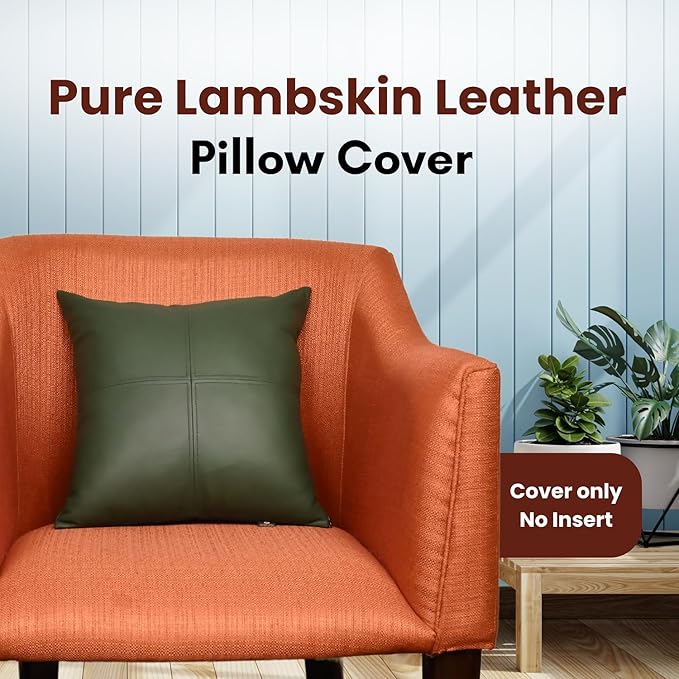 LL LEATHER LOVERS Lambskin Leather Pillow Cover, Hand Panel Stitched Leather Decorative Throw Pillow Covers for Couch Sofa Bed Living Room Garden (22x22 Inches, Dark Green Pack of 1)
