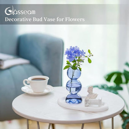 Glasseam Bubble Glass Vase Set of 2, Light Blue, Aesthetic Decorative Vases for Home Decor, Centerpieces, Round Bud Vases for Dining Table Decorations