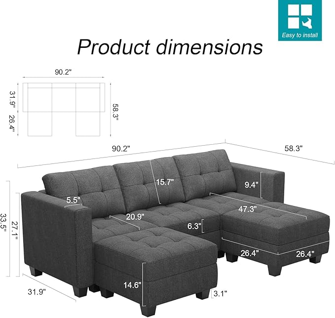 Belffin U-Shaped Sectional Sofa, Dark Grey, Wood and Polyester, 58"(D) x 90"(W) x 33"(H), Reversible Chaise, Storage, Easy Assembly