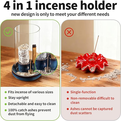 Incense Holder for Sticks with Glass Ash Catcher, Anti-Ash Flying, 4 in 1 Incense Burner Palo Santo Holder Insence-Stick Holder and Candle Holder for Burning Sage and Sticks for Burning