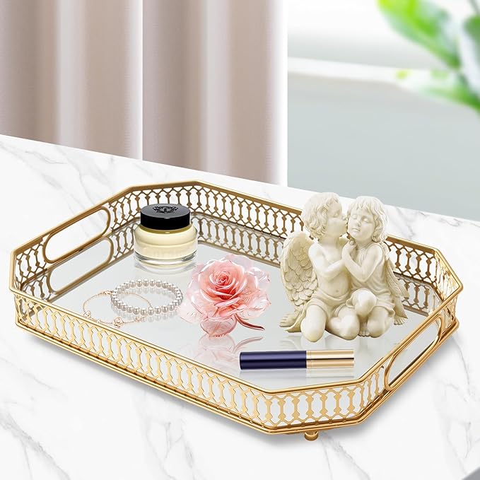 Vintage Gold Mirrored Vanity Mirror Tray Decorative Perfume and Makeup Organizer with Handles for Dresser,Bathroom or Jewelry Display, Decor Home Large Size