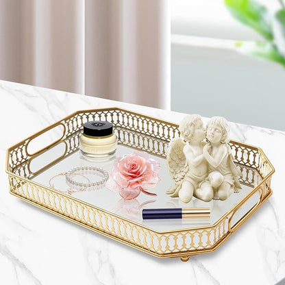 Vintage Gold Mirrored Vanity Mirror Tray Decorative Perfume and Makeup Organizer with Handles for Dresser,Bathroom or Jewelry Display, Decor Home Large Size