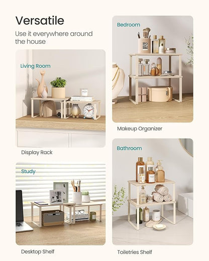 SONGMICS Cabinet Organizer Shelf, Set of 2 Kitchen Counter Shelves, Kitchen Storage, Spice Rack, Stackable, Expandable, Metal and Engineered Wood, Travertine Beige and Cream White UKCS020L01