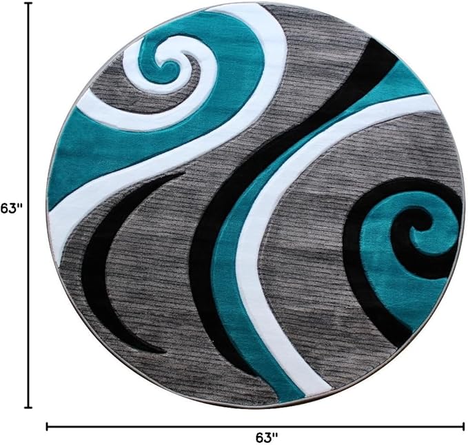 Masada Rugs, Sophia Collection Hand Carved Area Rug Modern Contemporary Turquoise White Grey Black (5 Feet 3 Inch X 5 Feet 3 Inch) Round