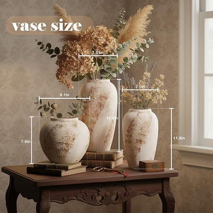 Vintage Ceramic Vase, Minimalist Texture Stone Patterned White Flower Vase, Decorative Vase for Living Room Shelf Farmhouse Dining Table Centerpiece Decor (Rustic 13.7'')