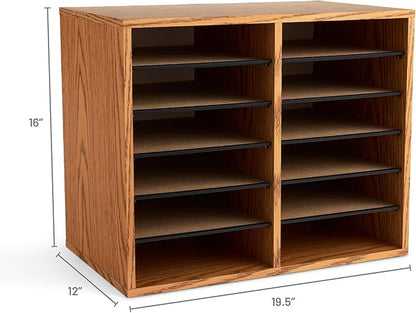 Safco 9420MO Adjustable Literature & Paper Organizer, 12 Compartment Mailbox Cubby, Great for Home, Office, Classroom Organization, Medium Oak Wood , Durable Construction, Removable Shelves