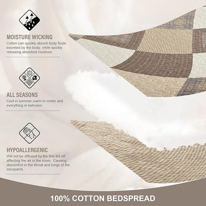 Oversized King Bedspread Quilt 128" x 120" Extra Wide, 100% Cotton Lightweight Quilted Bed Spreads Coverlet Set Farmhouse Bedding Cover, 3 Piece, Brown/Beige/Khaki
