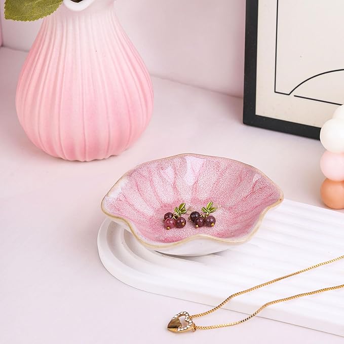 WHJY 2 Pack Ceramic Jewelry Dish 4.3 Inch Ring Holder for Women Decorative Lotus Flower Trinket Tray for Room Decor Green and Blue Vanity Storage for Ring Earring Necklace