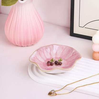 WHJY 2 Pack Ceramic Jewelry Dish 4.3 Inch Ring Holder for Women Decorative Lotus Flower Trinket Tray for Room Decor Pink and White Vanity Storage for Ring Earring Necklace