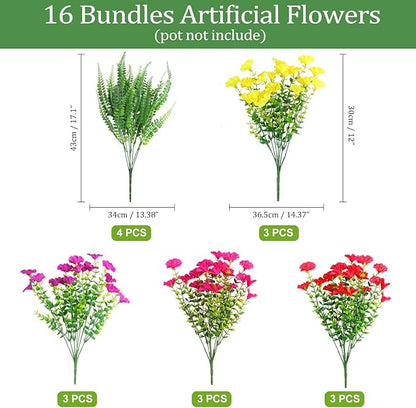 16 Bundles Outdoor Artificial Fake Flowers UV Resistant No Fade Plastic Faux Morning Glory Silk Flowers Plants for Home Garden Porch Patio Window Box Farmhouse Hanging Décor