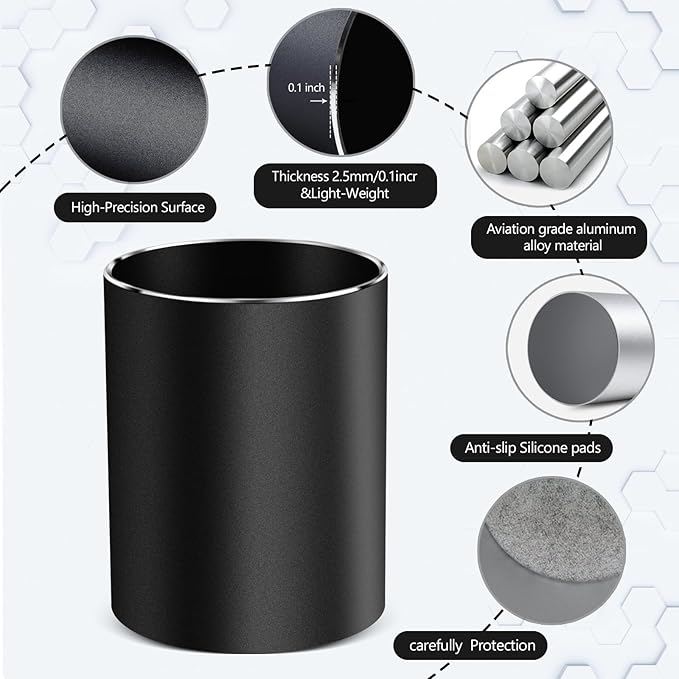 RQB Metal Pen Holder for Desk Round Aluminum Desktop Organizer and Makeup Brush Holder Storage Box for Office, School, Home, and Kids, Non-slip silicone bottom3.9×3.14inch (Black)
