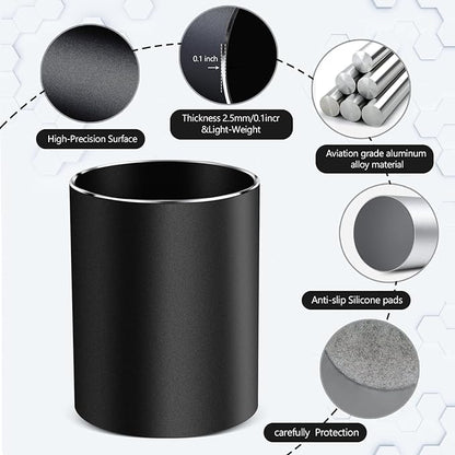 RQB Metal Pen Holder for Desk Round Aluminum Desktop Organizer and Makeup Brush Holder Storage Box for Office, School, Home, and Kids, Non-slip silicone bottom3.9×3.14inch (Black)
