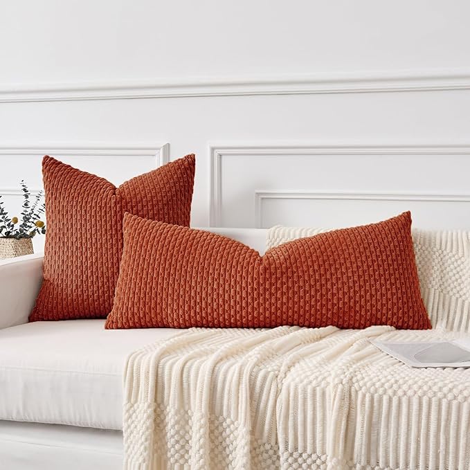 Kevin Textile Fall 14x36 Inch Long Lumbar 1 Pack Boho Decorative Throw Pillow Cover Soft Striped Corduroy Rectangle Cushion Case Farmhouse Solid Accent for Living Room Couch Sofa Bed, Burnt Brick