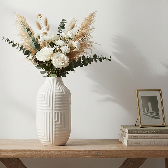 hjn Hand-Glazed White Ceramic Vase - 10.6" H Modern Decorative Centerpiece Vase for Fresh/Dried Flowers, Home Decor for Living Room Bookshelf Mantel | Wedding Housewarming Gift
