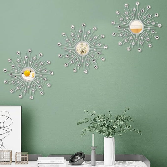 Uaussi 3 Pack Crystal Sunburst Wall Mirror Décor Rhinestone Mirrors Decorative Home Wall Art for Living Room Bedroom Entryway(Crystals Silver)