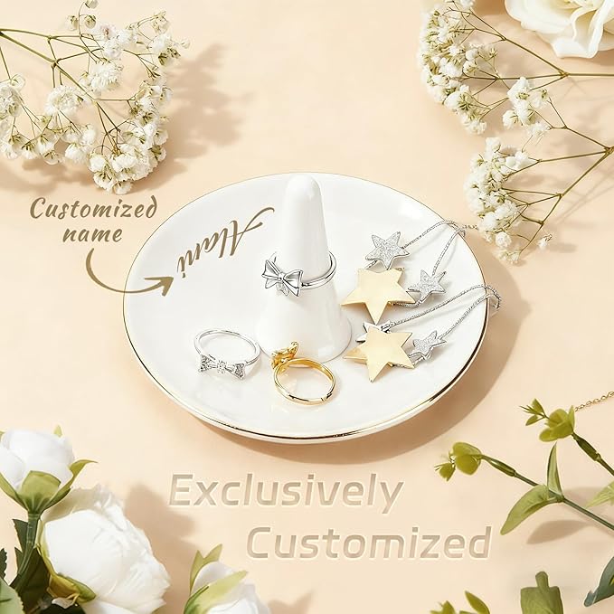 Personalized Mrs Ring Dish, Custom Ceramic Jewelry Dish, Holder Ring Holder for Friends,Birthday Mother's Day Christmas New Year Gift, Engrave Names, Dates or Special Messages