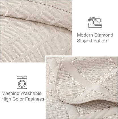 Exclusivo Mezcla Quilts Queen Size - Brich Beige Quilt Set Bedspread with 2 Pillow Shams, Modern Bedding Set with Striped Pattern, Soft Lightweight Bedspreads Queen Size for All Seasons