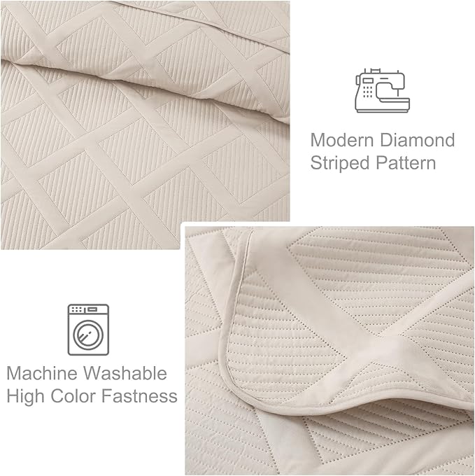Exclusivo Mezcla King Quilt Set- Brich Beige Quilts Bedding Set with 2 Pillow Shams, Modern King Bedspread with Striped Pattern, Soft Lightweight Bedspreads Coverlets for All Seasons