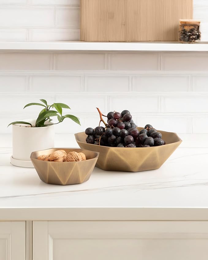 Kate and Laurel Octave Decorative Faceted Metal Bowls, Set of 2, Antique Brass, Cast Aluminum Food-Safe Fruit Bowls for Kitchen Counter or Use as a Key Bowl Set for an Entryway Table