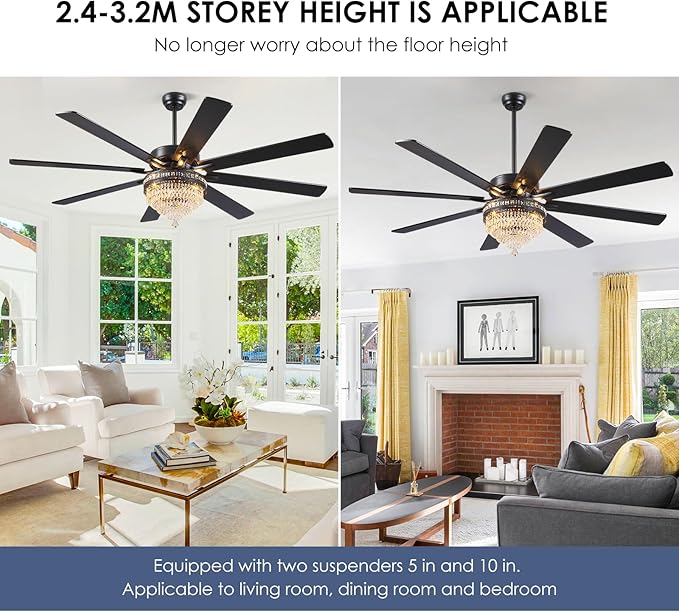 Asyko Crystal Ceiling Fan Fandelier with Lights - Modern Outdoor Fans with Remote Control,Noiseless DC Motor, Retro/Farmhouse Lighting, Dining Room,Living Room (72"