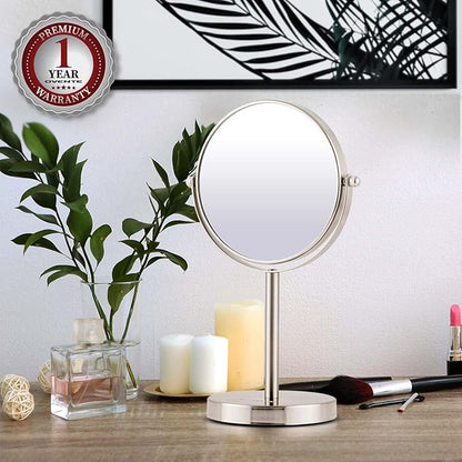 OVENTE 6'' Tabletop Makeup Mirror with 1X/7X Magnification, 360° Swivel Design, Double-Sided Free-Standing Vanity Mirror Perfect for Dresser, Bedroom and Office Desk, Nickel Brushed MNLT60BR1X7X
