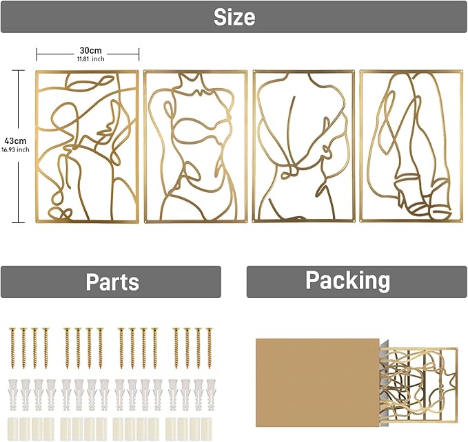 Yookan 4-Pack Metal Wall Art Decor, Minimalist Abstract Bedroom Wall Decor, Gold Modern Wall Art for Living Room, Female Body Design Wall Art for Indoor (17 x 11.8'')