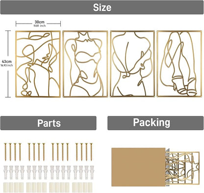 Yookan 4-Pack Metal Wall Art Decor, Minimalist Abstract Bedroom Wall Decor, Gold Modern Wall Art for Living Room, Female Body Design Wall Art for Indoor (17 x 11.8'')