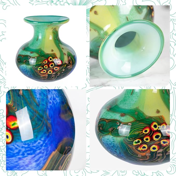 Glass Vases for Flower, Unique Hand Blown Green Glass Vase, Modern Art Decorative for Home Living Room, Office, Table centerpieces, Bookshelves and Wedding Decorations (JG67)