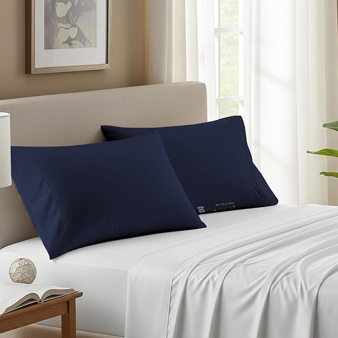 100% Egyptian Cotton Cushion Covers 24x24 Inch, 800 Thread Count Decorative Pillow Covers for Sofa, Bed & Office - Soft, Durable, Breathable Luxury Throw Pillowcases - Pack of 2, Navy Blue