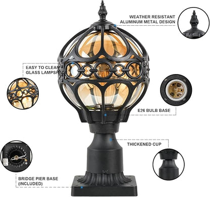 Outdoor Lamp Post Lights, Aluminum Rust-Proof Globe Post Light for Porch Front Door Driveway Lawn Garden, Black Sphere Exterior Pillar Post Light, Hardwired 3" Pier Mount Post Lantern