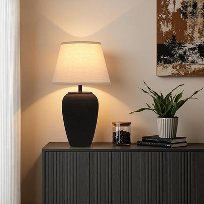 Ceramic Pot Table Lamp 21.25 inch Tall Striped Nightstand Lamp, Tapered Fabric Shade Bedside, Ceramic Decorative for Living Room Bedroom House Office Entryway, TL2