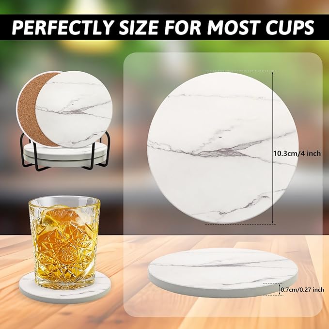 Coaster Set of 4, Drink Coasters with Holder, Absorbent Ceramic Coasters for Dining Table, 4 Inch Round Coasters Set for Drinks, Cup Coaster for Home Decor, Housewarming Gift, (R&A)