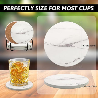 Coaster Set of 4, Drink Coasters with Holder, Absorbent Ceramic Coasters for Dining Table, 4 Inch Round Coasters Set for Drinks, Cup Coaster for Home Decor, Housewarming Gift, (R&A)
