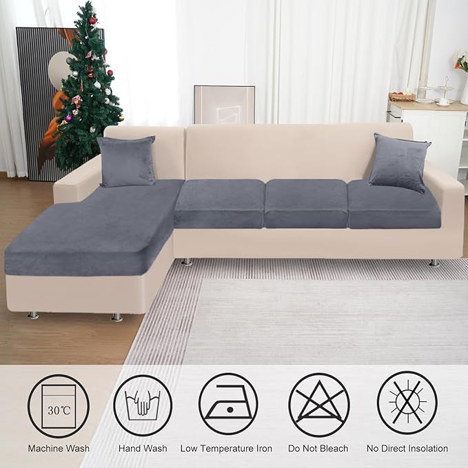 Sectional Couch Covers for 4-Piece Seat Cushion Velvet Separate L Shape Couch Cover Stretch Sofa Slipcover with 2 Pieces Pillowcases Furniture Protector (Sofa 3 Seater + 1 Chaise, Dark Grey)