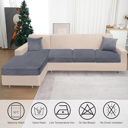 Sectional Couch Covers for 4-Piece Seat Cushion Velvet Separate L Shape Couch Cover Stretch Sofa Slipcover with 2 Pieces Pillowcases Furniture Protector (Sofa 3 Seater + 1 Chaise, Dark Grey)
