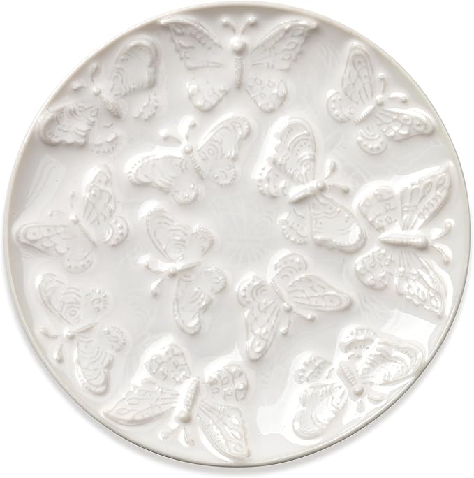Ceramic Jewelry Dish, Decorative Tray for Rings Earrings Necklaces Bracelet Watch Keys, 4.50" Trinket Tray as Gifts for Women (White Butterflies)