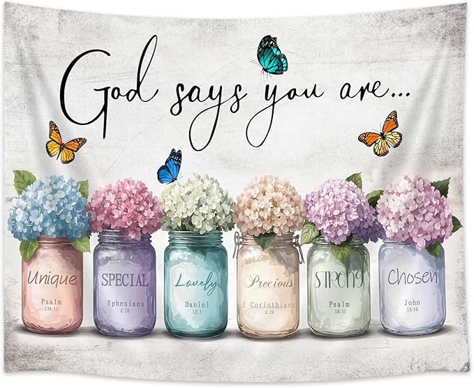 DYNH Inspirational Bible Verse Tapestry, God Says You Are Wall Sayings Flowers in Mason Jar Wall Hanging,Quotes Tapestries for Bedroom Living Room Dorm TV Backdrop,Beach Blanket,80x60In