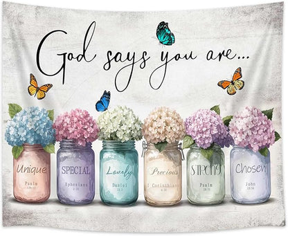 DYNH Inspirational Bible Verse Tapestry, God Says You Are Wall Sayings Flowers in Mason Jar Wall Hanging,Quotes Tapestries for Bedroom Living Room Dorm TV Backdrop,Beach Blanket,60x40In